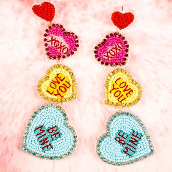 Viola Jewelry - Earrings. Hearts, Be Mine, Love You. Valentine's Day. Beaded. Pierced.